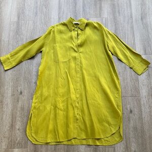 Zara Linen Button-Up Lightweight Dress - Size Medium in Lime Yellow